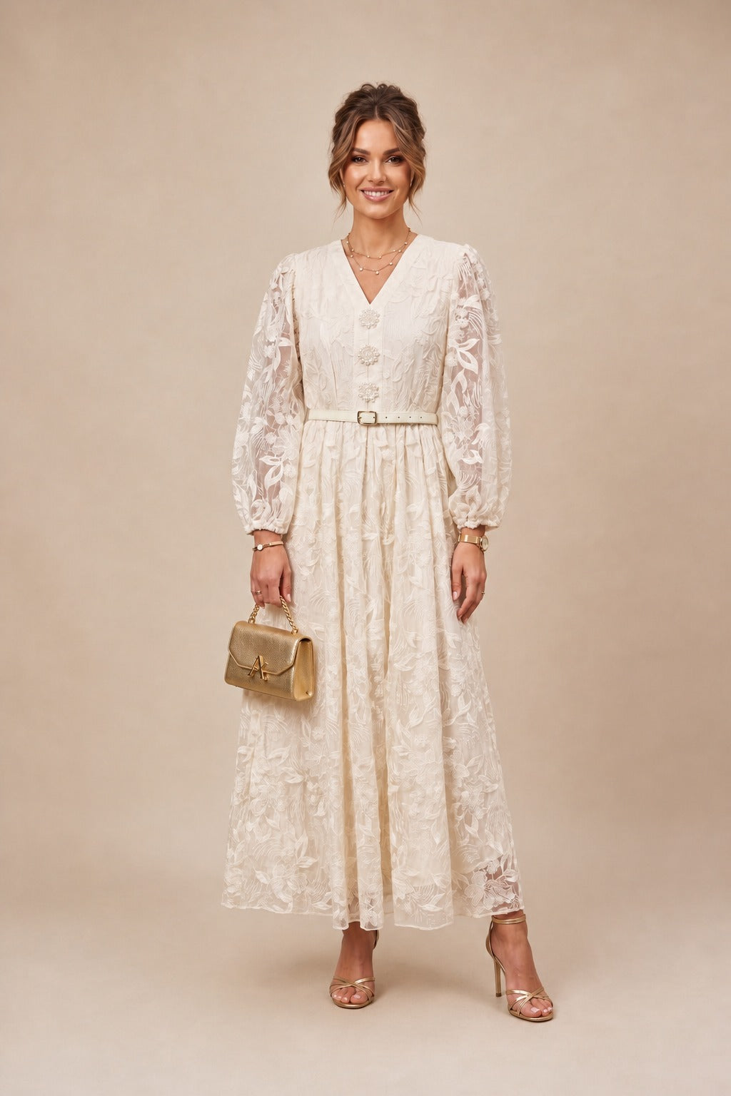 Duga čipkasta haljina Vera – Svijetlobež