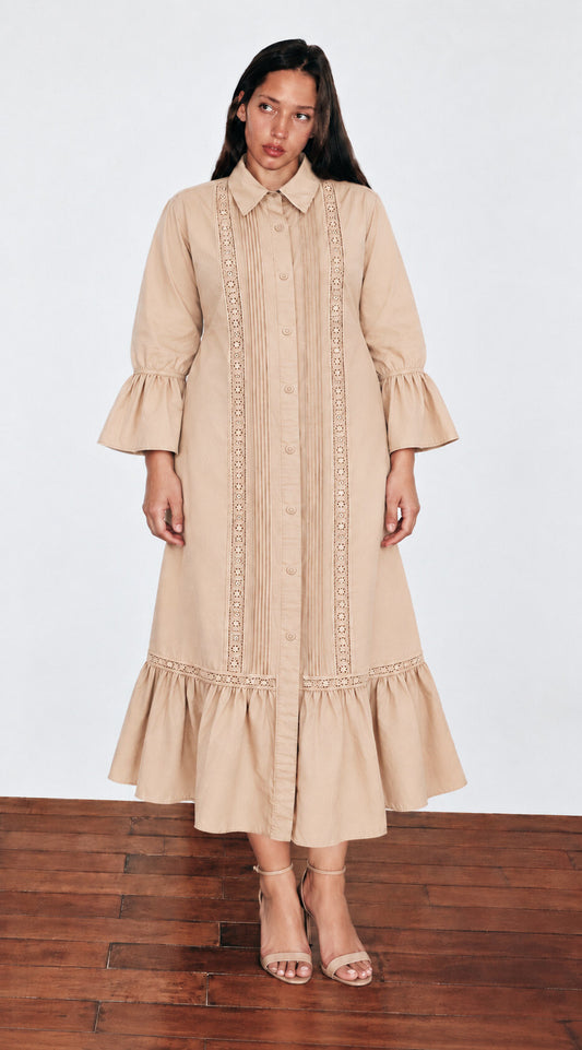 Plus size duga pamučna haljina s volanima – Bež, prikaz 1
