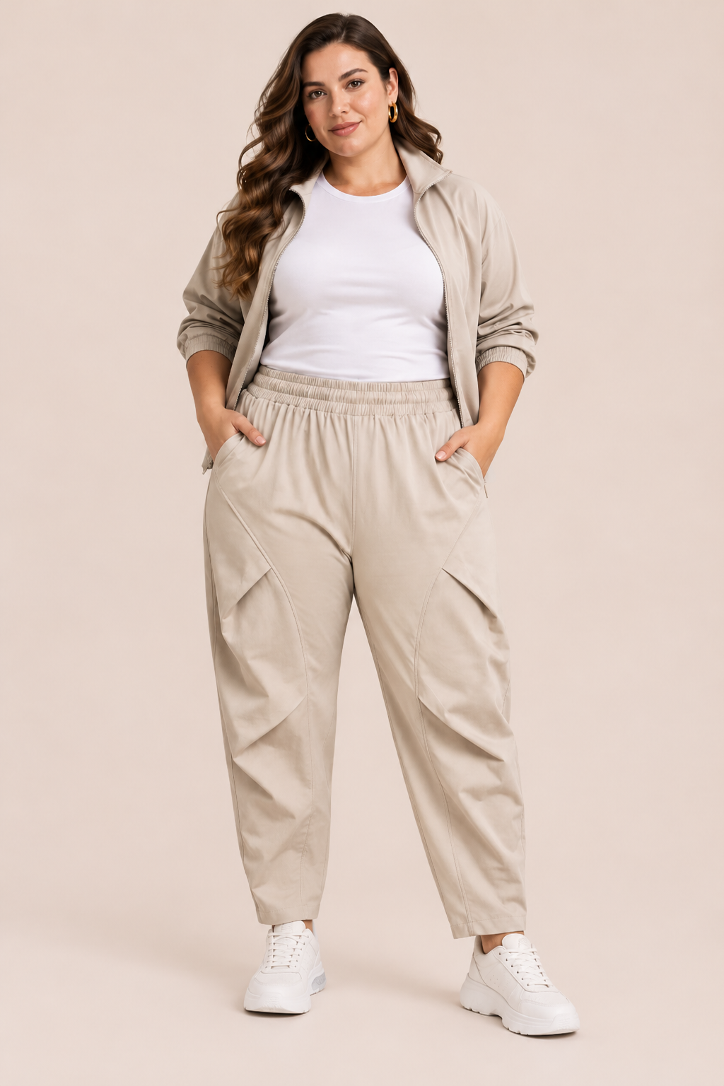 Plus size hlače s elastičnim strukom – Bež, prikaz 1