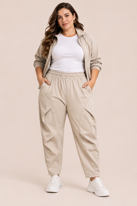 Plus size hlače s elastičnim strukom – Bež, prikaz 1