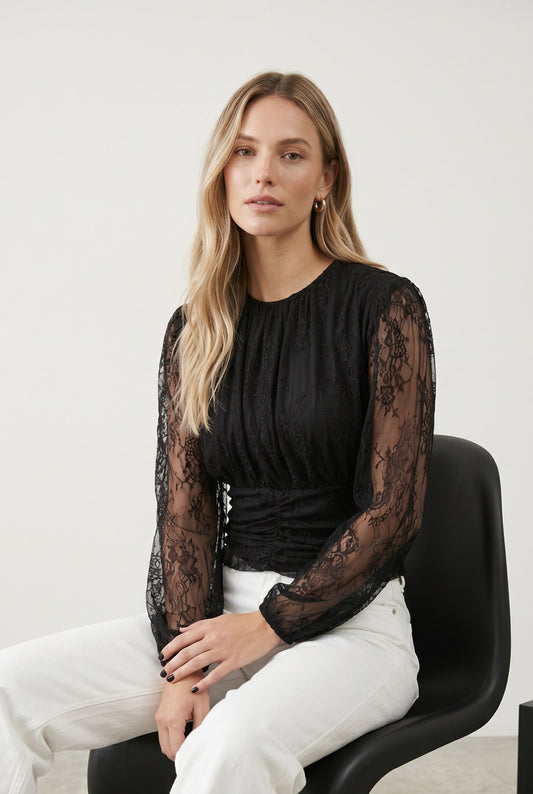 Bluza s čipkastim rukavima – Crna, prikaz 1