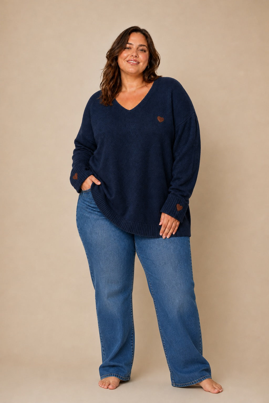 Plus size džemper s motivom srca – džemper srce plavi
